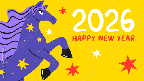 Colorful Chinese New Year of the horse 2026 banner. Hand drawn bright poster. Doodle style flat vector illustration.