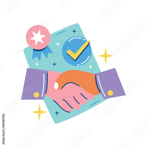 Colorful Handshake With Approval Badge And Checkmark.