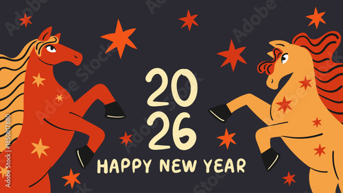 Chinese New Year of the horse 2026 banner. Hand drawn bright poster. Doodle style flat vector illustration.