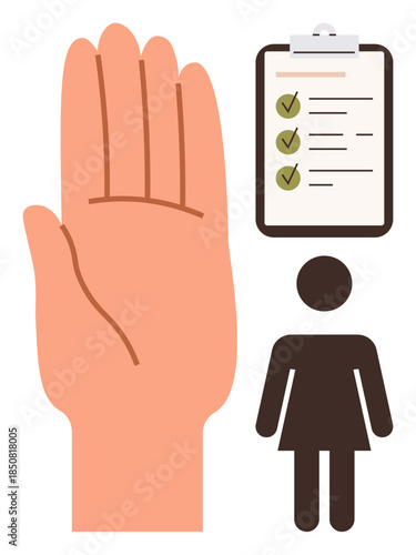 Open hand gesture beside a checklist with marked items and a female figure. Ideal for themes of decision-making, agreement, responsibility, inclusivity, acceptance, planning, and self-awareness