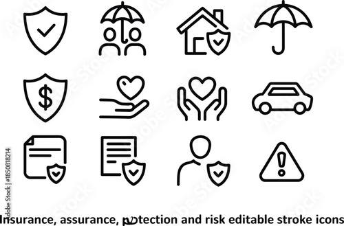 Insurance protection and risk management line icon set with home health car finance safety symbols editable stroke vector illustration