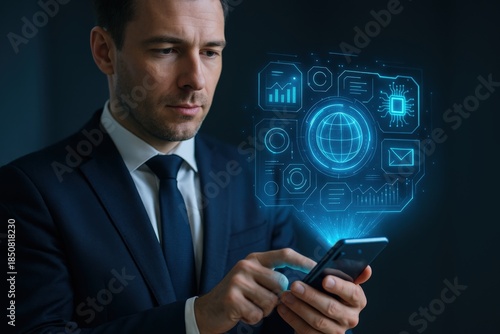 Business professional interacting with digital graphs and global data on smartphone in a modern office setting