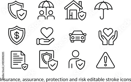 Insurance protection and risk management line icon set with home health car finance safety symbols editable stroke vector illustration