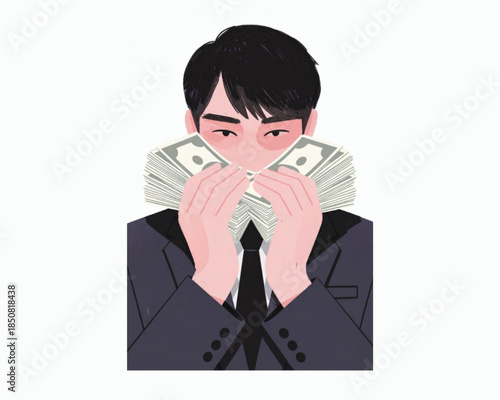 Businessman Secretly Hiding His Face Behind Stacks of Cash, Representing Wealth and Financial Gain