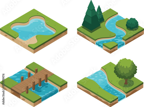 Isometric landscape tiles with water ponds rivers trees and bridge for nature map design flat vector illustration se
