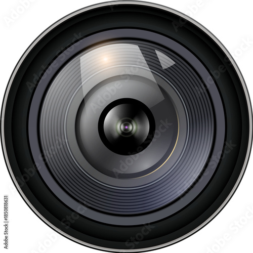 Lens camera isolated, front view with reflections in glass, realistic 3D icon.