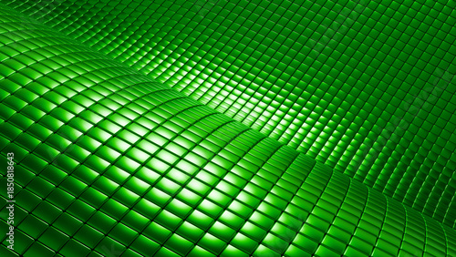 Green metallic background, metal squares pattern, modern shiny and lustrous backdrop.