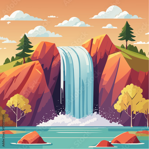A vibrant cartoon illustration of a waterfall cascading between rocky cliffs into a serene pool, under a warm, cloudy sky.