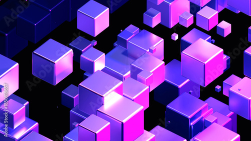 Neon glowing cubes in space, 3D technological background with purple and blue cubes on black background, digital cybernetic background.