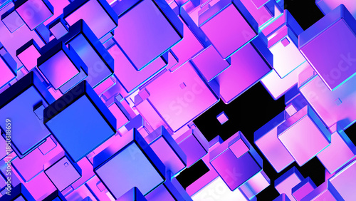 Abstract technology background with 3D cubes in space, purple blue neon glowing cubes on black, 3d technology science wallpaper.