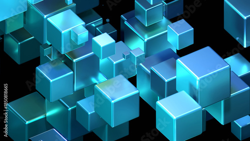 Abstract technology background with 3D cubes in space, blue glowing cubes on black, science wallpaper.