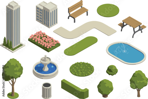 Isometric park and city asset set featuring buildings trees benches paths fountains lamps and landscaping elements for maps
