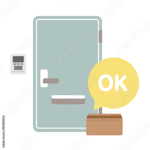 玄関ドアと段ボール箱　OK吹き出し　イラスト