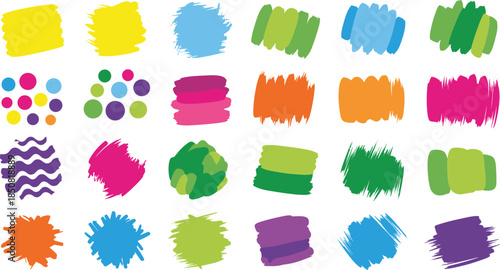 Colorful Abstract Paint Brush Stroke Collection Featuring Vibrant Watercolor Splatters Hand Drawn Ink Blobs and Creative Artistic Design Elements Set
