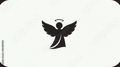 A serene angel silhouette with outstretched wings and halo on white background, symbolizing protection and spirituality in a minimalist graphic design