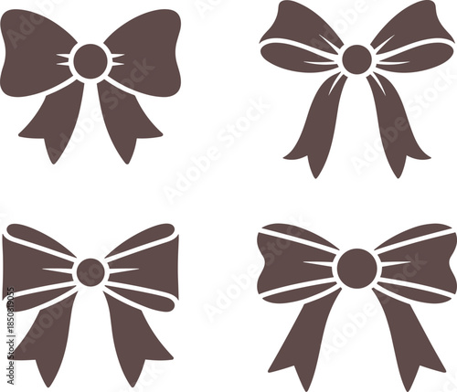 Minimalist black ribbon bow silhouette set with nine decorative bow icons for gifts packaging branding and graphic design