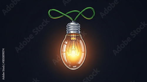 Glowing light bulb with green cord forming a loop on dark background, symbolizing creativity and innovation in technology and design