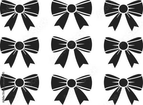 Minimalist black ribbon bow silhouette set with nine decorative bow icons for gifts packaging branding and graphic design
