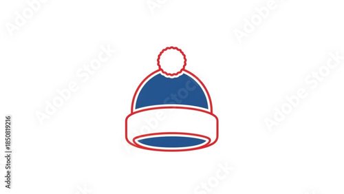 Blue and white pom pom beanie hat with red outline, winter clothing and accessories concept