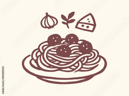 Spaghetti Meatballs Doodle Outline Vector Illustration