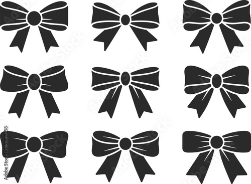 Minimalist black ribbon bow silhouette set with nine decorative bow icons for gifts packaging branding and graphic design
