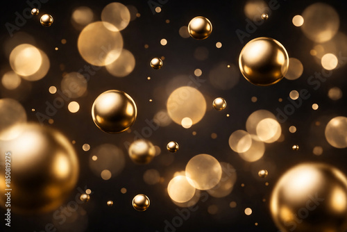 Golden floating spheres and bokeh abstract black background