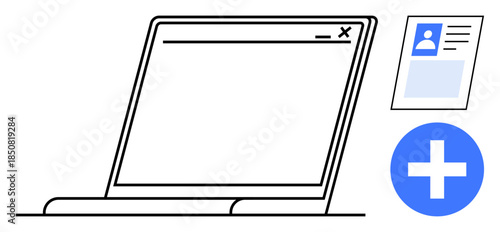 Digital profile management. A laptop and a profile card with an add icon streamlined digital identity creation and management. Perfect for user onboarding, digital services, online accounts