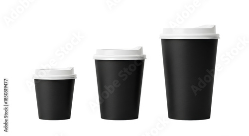Wallpaper Mural three pristine blank matte black paper coffee cups in size progression, with white translucent lids, isolated on a pure high-key white background with copy space. concept for commercial mockup display Torontodigital.ca