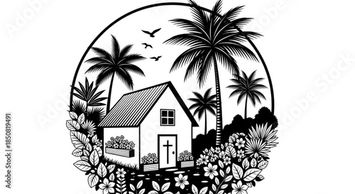 Detailed Tropical Cottage House in Lush Garden with Palm Trees Vector Illustration for Real Estate Logo Design