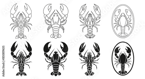 Seafood Lobster Vector Icon Set Line Art and Silhouette Logo Templates for Restaurant Menu and Gourmet Food Packaging