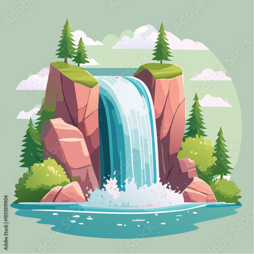 Cartoon illustration of a waterfall cascading between rocky cliffs into a pool of water.
