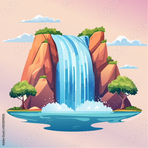 Cartoon illustration of a waterfall cascading down a rocky cliff into a pool of water, surrounded by greenery and a pastel sky.