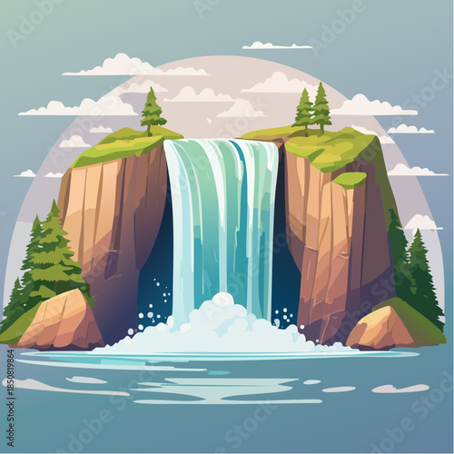 Cartoon illustration of a waterfall cascading from a cliff into a pool of water.