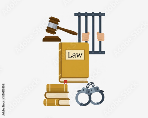 Law and justice symbols gavel, scales, handcuffs, and prison bars
