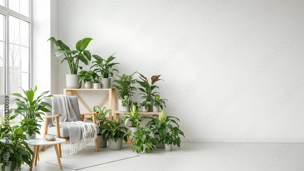 Fototapeta premium Indoor plants arrangement in a bright, minimalist interior.