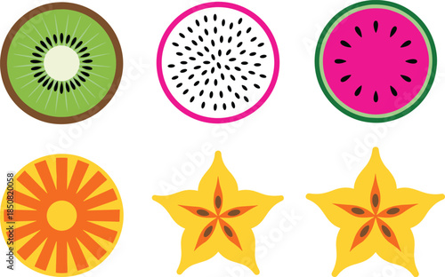 Flat minimalist fruit slice icons set with kiwi dragon fruit watermelon pineapple and star shapes colorful vector illustration