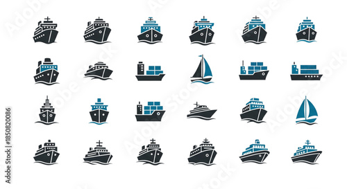 Modern Maritime Transport Icons Set Commercial Shipping Logistics Travel and Tourism Graphics