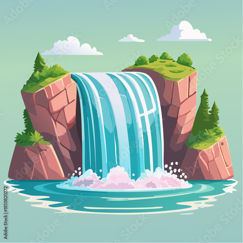 Cartoon waterfall cascading into a pool surrounded by rocky cliffs and greenery.