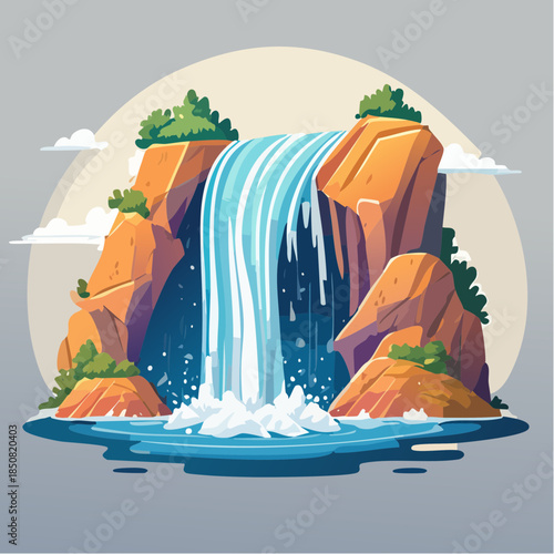Cartoon illustration of a waterfall cascading down rocks into a pool of water.