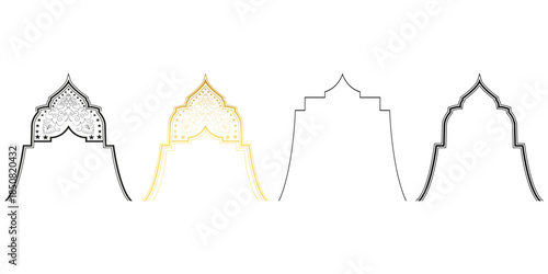 Set of Islamic border frames with gold and black ornamental shapes for invitation Set of Islamic border frames with gold and black ornamental shapes for invitation