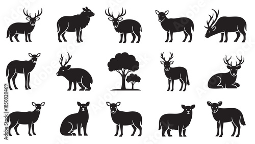 Collection of Black Silhouettes of Deer and Nature Scene on Transparent Background