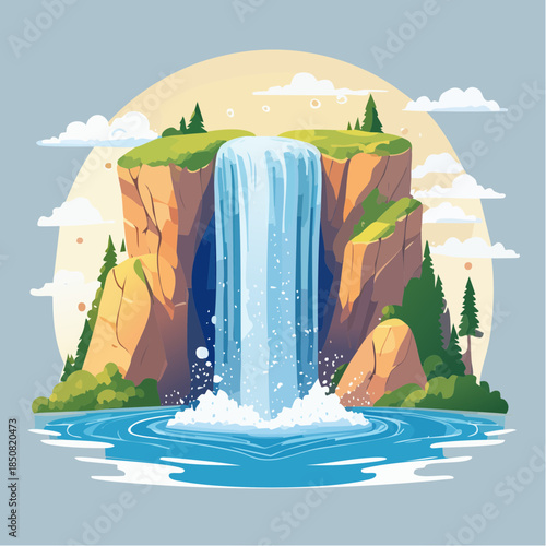 Cartoon illustration of a waterfall cascading into a pool of water surrounded by cliffs and greenery.