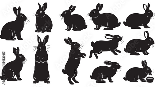 Collection of Black Silhouettes of Rabbits in Various Poses for Design and Illustration
