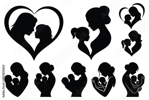 Black silhouettes of mothers and children in heart shapes and family poses