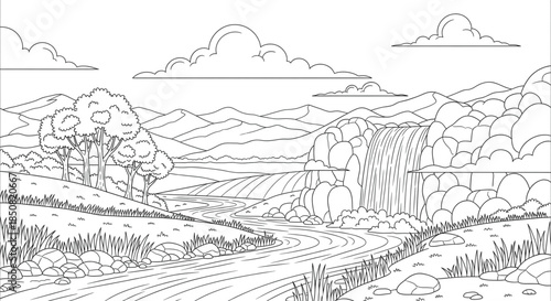 Scenic Nature Landscape Line Art Outline. River, Waterfall, and Mountain Valley Coloring Page Illustration.