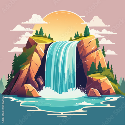 Cartoon illustration of a waterfall cascading from a rocky cliff into a pool of water.