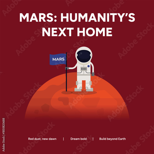 Astronaut standing on Mars with flag, symbolizing humanity's next home