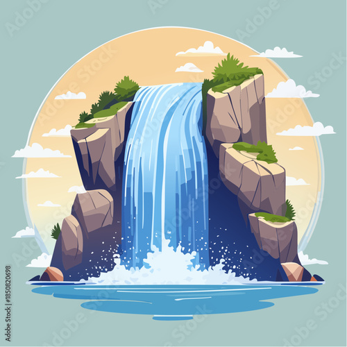 A vibrant cartoon waterfall cascading down rocky cliffs into a serene pool, set against a soft, pastel sky.