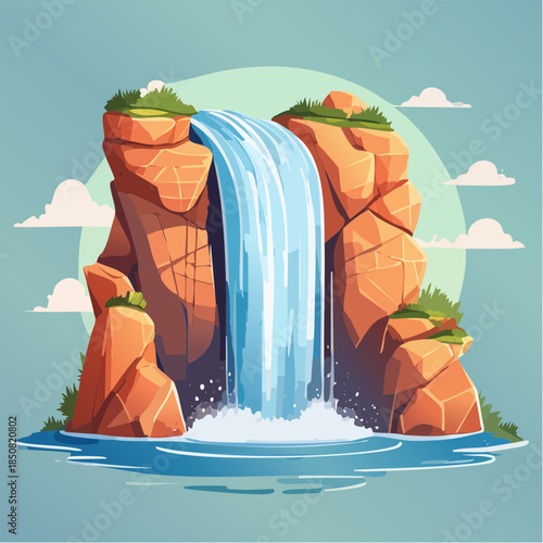 Cartoon illustration of a waterfall cascading down rocky cliffs into a pool of water.