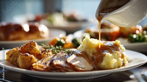 Close-up of a plated meal with roasted meat, potatoes, vegetables, and gravy being poured from a sauce boat